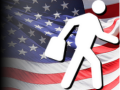 una bandiera degli USA con la forma di un imprenditore che fugge